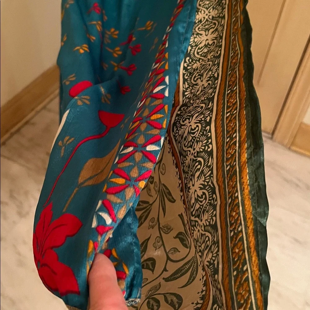 DARN GOOD YARN NWT Boho Granola 100% Silk Teal Sari Wrap Midi Skirt O/S (4-12)